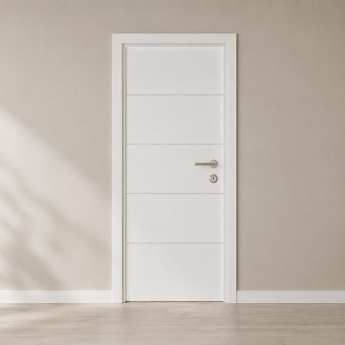 Bela farbana sobna vrata sa štokom na svetlom zidu i neutralnim laminatom
