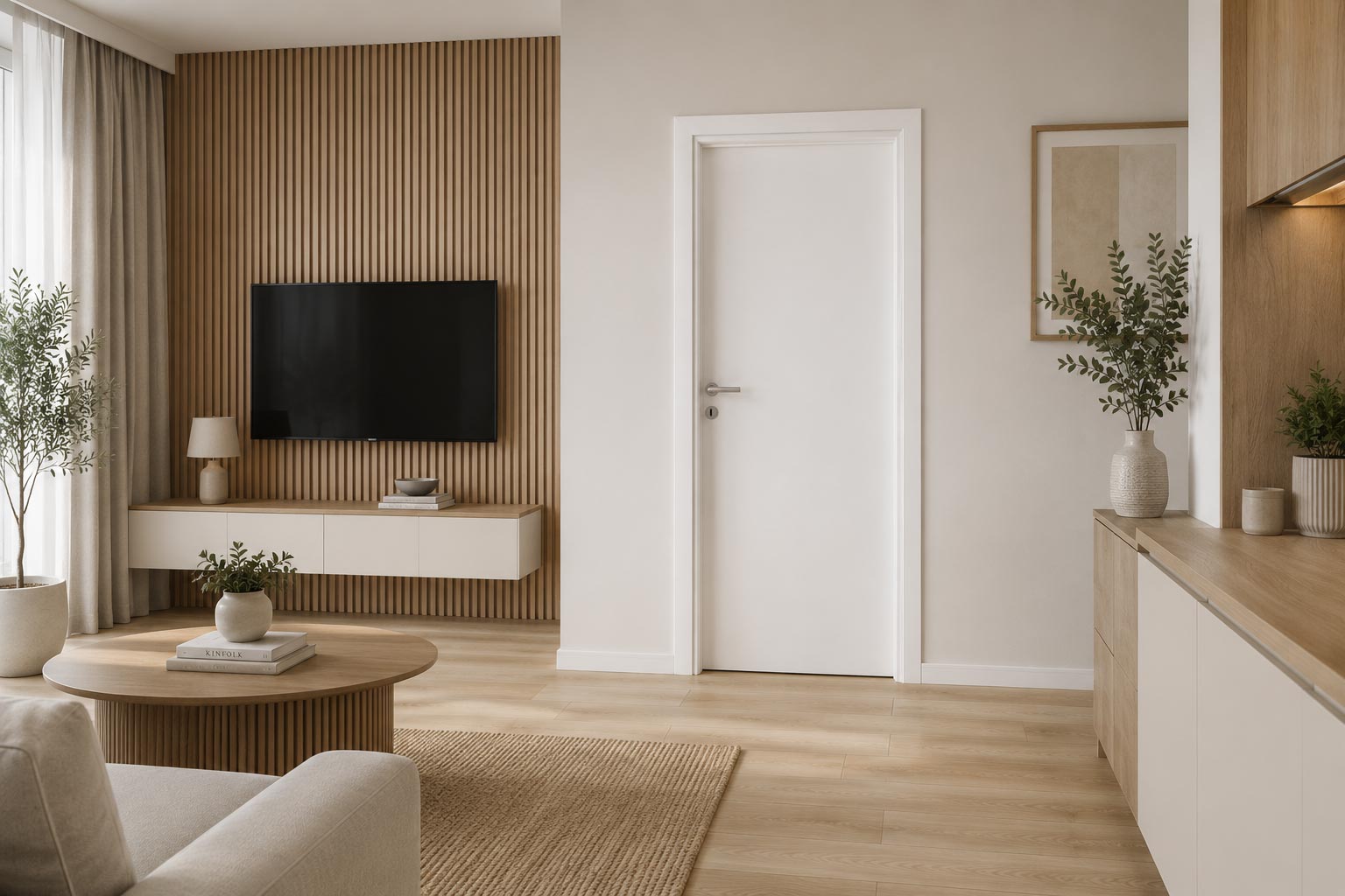 Sobna vrata Portofino Bela usklađena sa svetlim laminatom u moderno uređenom enterijeru