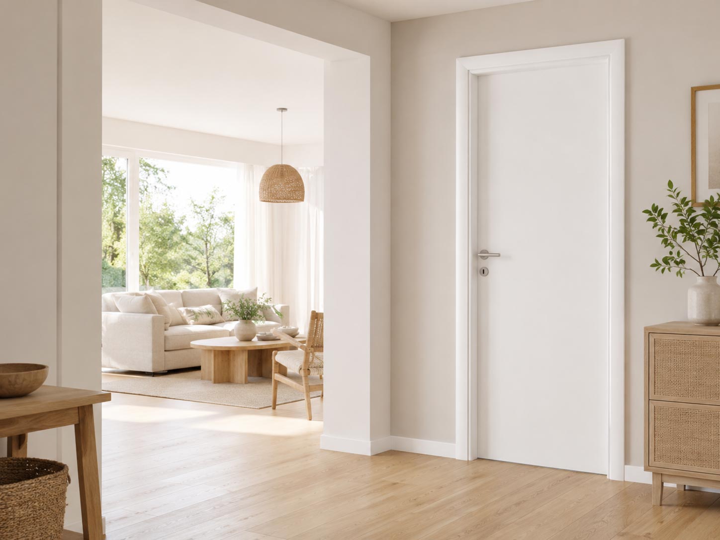 Sobna vrata Portofino Bela u svetlom modernom enterijeru sa prirodnim laminatom