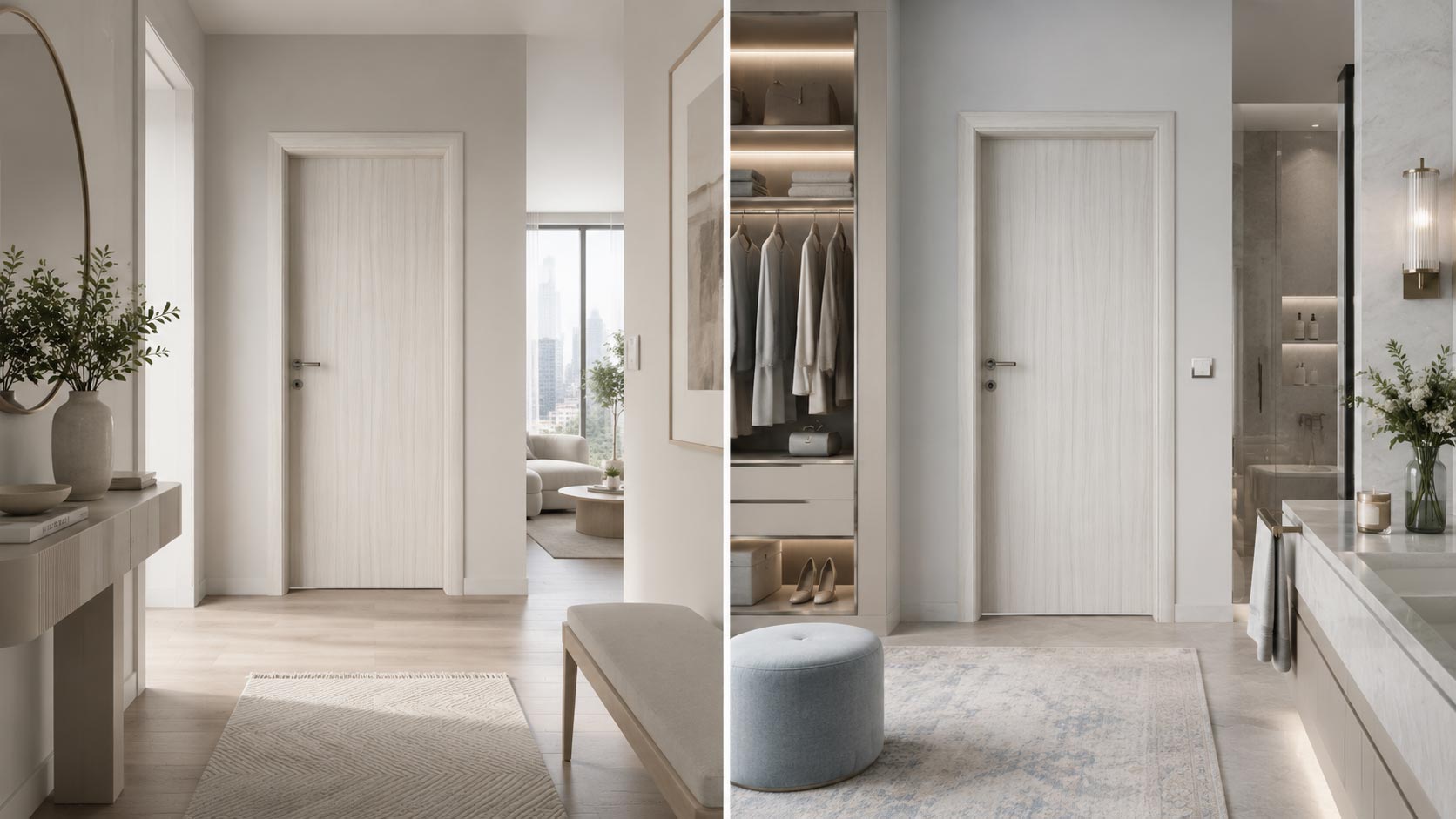 Sobna vrata Portofino Silver Royal prikazana u svetlom hodniku i elegantnoj kupatilskoj ili apartmanskoj zoni