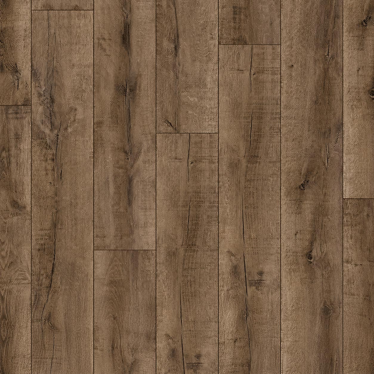 Uzorak kolekcijskog laminata K461 Joyse Oak 12 mm 33/AC6 sa tamnim rustikalnim hrastovim dekorom, moka i orah tonovima, pukotinama, čvorovima i efektom starog drveta