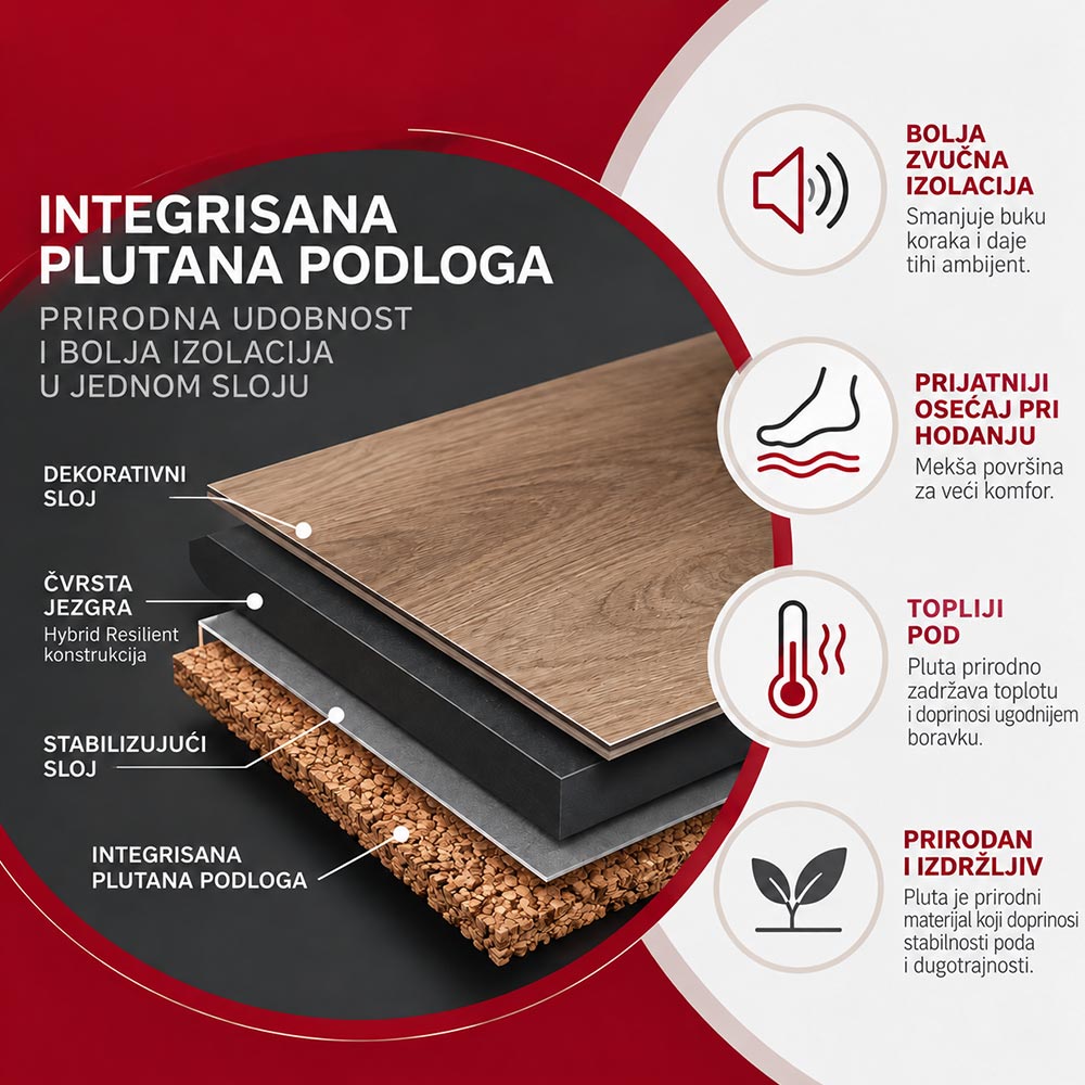 Integrisana plutana podloga OptiMax Sand Dollar poda za bolju zvučnu izolaciju, prijatniji osećaj pri hodanju i veći komfor