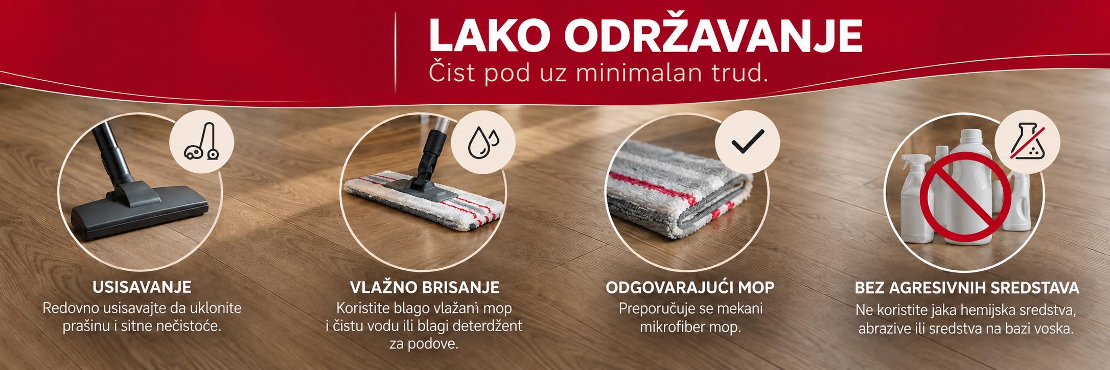 Održavanje OptiMax Sand Dollar poda usisavanjem, vlažnim brisanjem i odgovarajućim mopom bez agresivnih sredstava